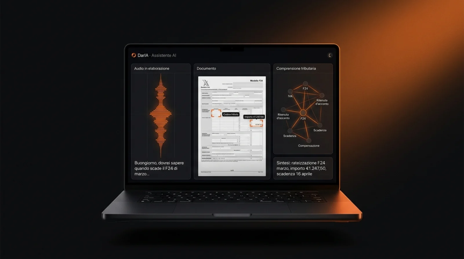 Mockup MacBook con dashboard AI DarIA che processa audio, documento F24 e grafo di concetti tributari